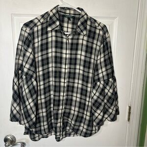 LAUREN RALPH LAUREN LRLPlaid Button Down Shirt Black White Bell Sleeve Large